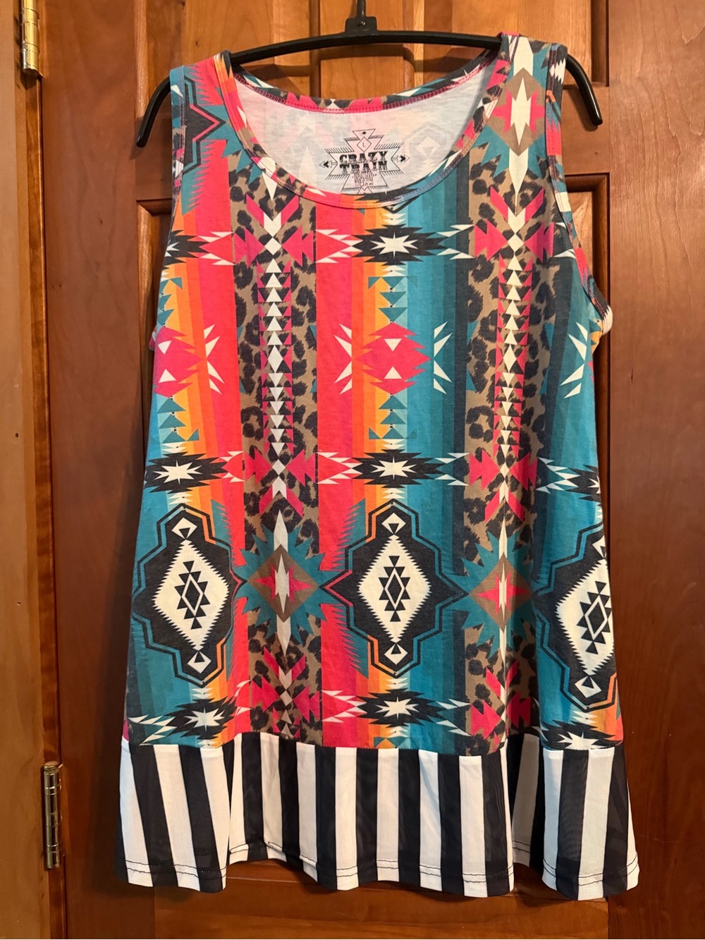 Crazy Train Multicolor Aztec Print Tee (Turquoise, Coral, Yellow, Brown, White) - Picture 2 of 4